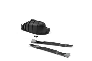 Mulching kit for a lawn mower with two blades, deck cover and screws, studio product shot.