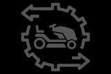 Icon depicting a ride-on mower surrounded by arrows and a gear symbol.