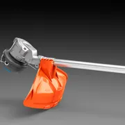 Side view of a string trimmer head with protective guard.