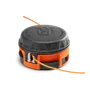Front view of a Husqvarna trimmer head with visible trimmer line.