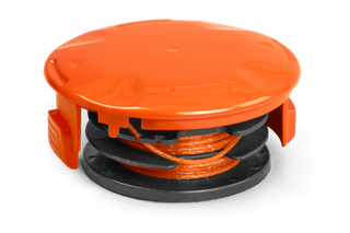 Front view of a trimmer line spool with orange line wrapped around it.