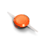 Top view of a Husqvarna trimmer head with visible string attachments.