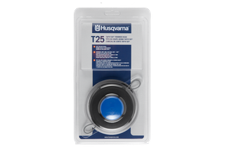 Front view of a packaged Husqvarna T25 trimmer head.