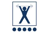 Icon depicting a stylized figure lifting a barbell overhead, with five circles below.