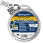 Husqvarna Titanium Force trimmer line packaging with specifications and bonus line cutter.