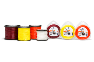 Spools of Husqvarna trimmer line in various colors and packaging.