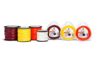 Front view of Husqvarna trimmer lines in various colors and packaging.