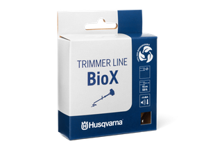 Front view of Husqvarna BioX trimmer line packaging, highlighting its biodegradable feature.