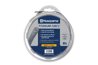 Husqvarna Titanium Force trimmer line packaging with product details in multiple languages.