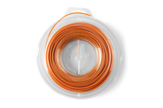 Top view of a coil of orange wire in a transparent plastic container.