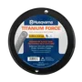 Front view of Husqvarna Titanium Force trimmer line packaging, highlighting reduced noise and wear resistance features.