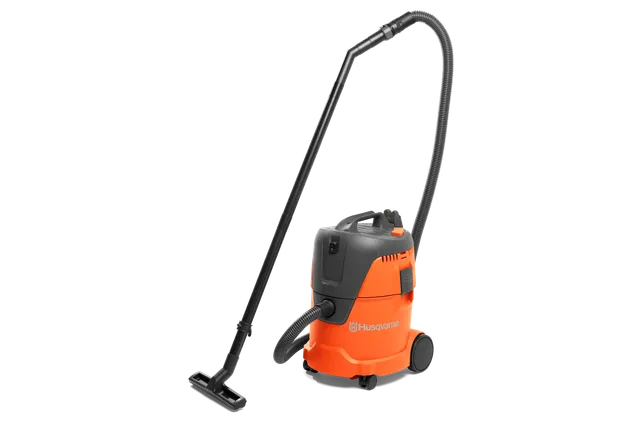 Side view of a Husqvarna wet and dry vacuum cleaner with a long hose and nozzle.