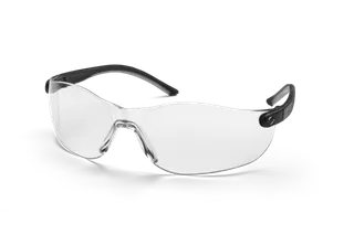 Seitenansicht einer transparenten Schutzbrille mit schwarzen Bügeln.