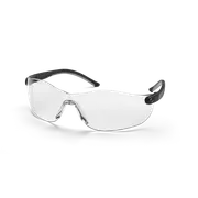 Seitenansicht einer transparenten Schutzbrille mit schwarzen Bügeln.