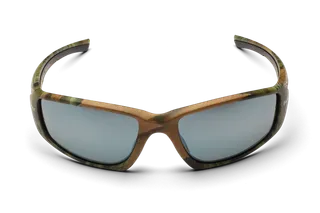 Front view of sunglasses with camouflage frame and tinted lenses.