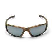 Front view of sunglasses with camouflage frame and tinted lenses.