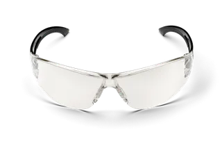 Front view of protective eyewear with clear lenses and black temples.