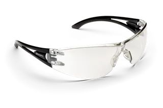 Side view of protective eyewear with clear lenses and black frames.