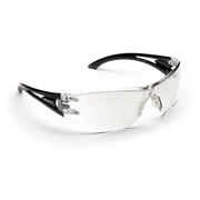 Side view of protective eyewear with clear lenses and black frames.