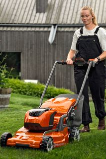 Une personne tond la pelouse avec une tondeuse autoportée dans un jardin.