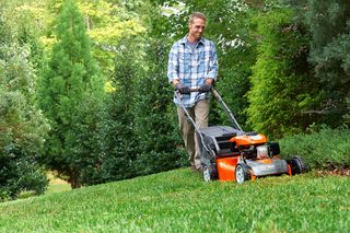 A person mowing a lawn with a push mower in a garden setting.