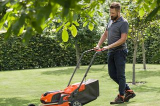 En person, der slår en græsplæne med en skubbet plæneklipper i en haveindstilling.