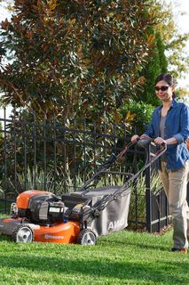 A person mowing a lawn with a push lawn mower in a garden setting.