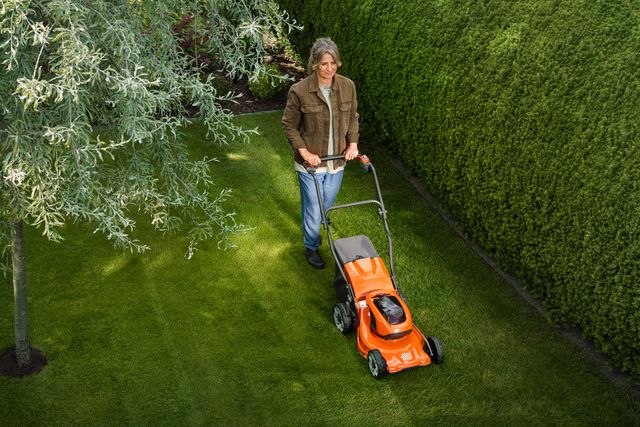 A person mowing a lawn with a push mower in a garden surrounded by hedges.
