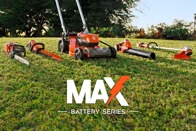 Husqvarna battery garden tools on a lawn with 'MAX Battery Series' text overlay.