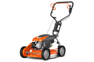 Side view of a Husqvarna lawn mower with adjustable handle.