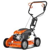 Side view of a Husqvarna lawn mower with adjustable handle.