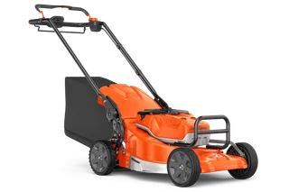 Side view of a Husqvarna battery-powered lawn mower with a grass collection bag.