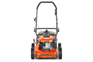 Front view of a Husqvarna lawn mower with visible engine and handle.