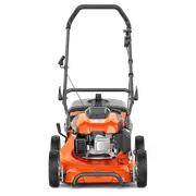 Front view of a Husqvarna lawn mower with visible engine and handle.