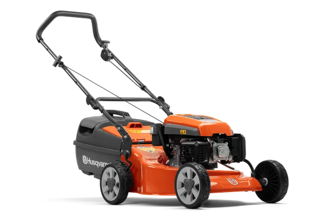 Side view of a Husqvarna lawn mower with a grass collection bag.
