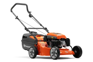 Side view of a Husqvarna lawn mower with a grass collection bag.