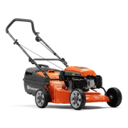 Side view of a Husqvarna lawn mower with a grass collection bag.