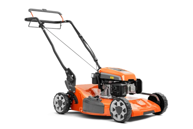 Страничен изглед на косачка Husqvarna с регулируема дръжка и здрави колела.