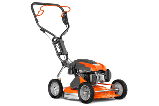 Side view of a walk-behind lawn mower with a robust frame and large wheels.