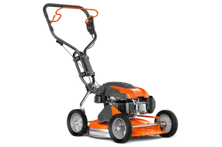 Side view of a walk-behind lawn mower with a robust frame and large wheels.