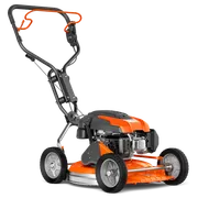 Side view of a walk-behind lawn mower with a robust frame and large wheels.