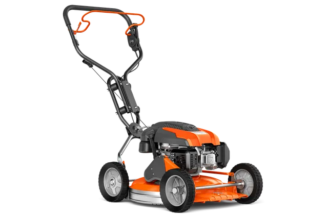 Side view of a walk-behind lawn mower with a robust frame and large wheels.