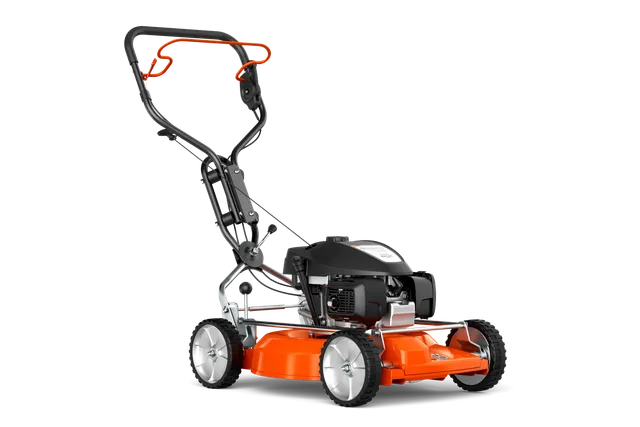 Seitenansicht eines Husqvarna Schieberasenmähers mit ergonomischem Griff.