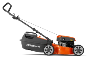 Side view of a Husqvarna lawn mower with a grass collection box.