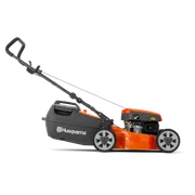Side view of a Husqvarna lawn mower with a grass collection box.