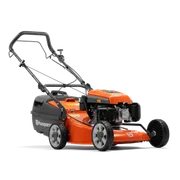 Side view of a Husqvarna lawn mower showcasing its design and engine.