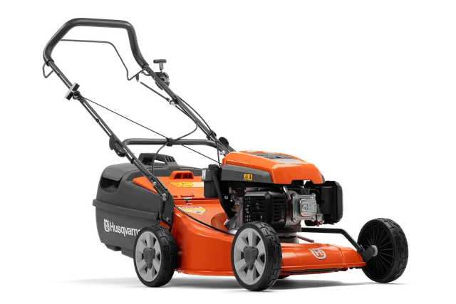 Side view of a Husqvarna lawn mower showcasing its design and engine.