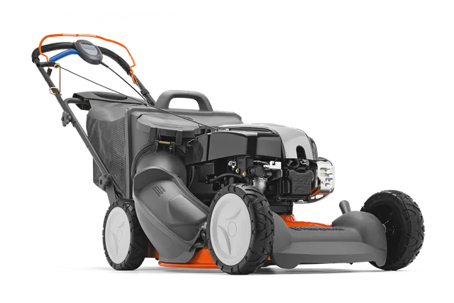Πλάγια όψη χλοοκοπτικού Husqvarna με τσάντα συλλογής γρασιδιού.