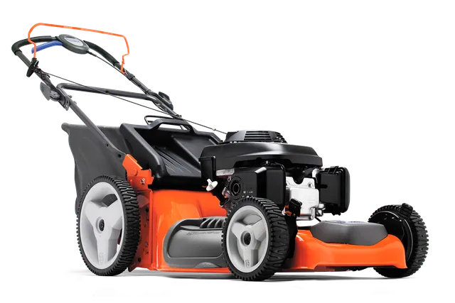 Side view of a Husqvarna lawn mower with a grass collection bag.