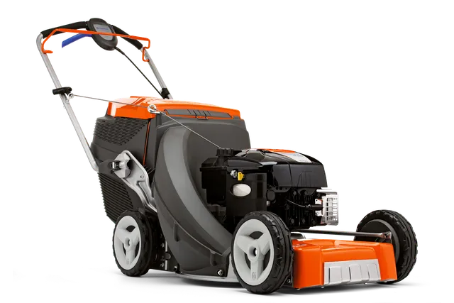 Side view of a lawn mower showcasing its engine and handle design.